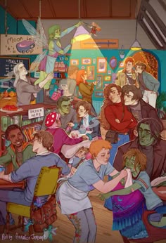 a group of people standing around each other in a room