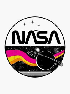 the nasa logo is shown in black and white with pink, yellow, and orange stripes