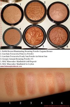 Beautiful Glowing Bronzers | from thebeautylookbook Dior Forever Bronzer Swatches, Guerlain Terracotta Light, Guerlain Terracotta, Guerlain Bronzer, Guerlain Terracotta Bronzer, Bobbi Brown Bronzer, Bobbi Brown Bronzing Powder, Bronzed Blush Shimmer Shadowsense, Makeup Names