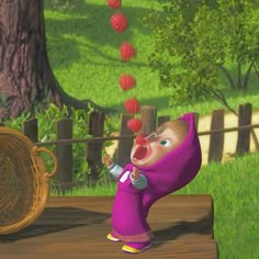 an animated character is standing on a wooden bench in the grass near a basket with strawberries hanging from it