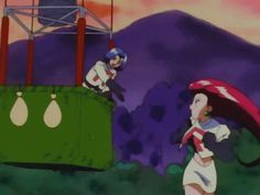 an animated image of two people with umbrellas in front of a green structure and mountains