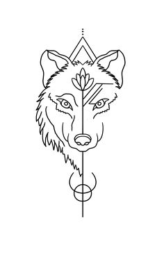 a black and white drawing of a wolf's head with an arrow in the middle