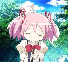 an anime character with pink hair holding a heart