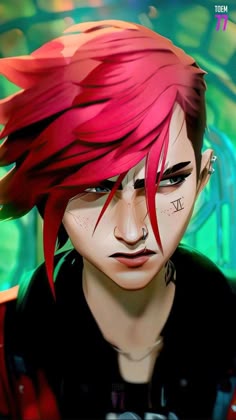 an anime character with red hair and piercings on his face, looking at the camera