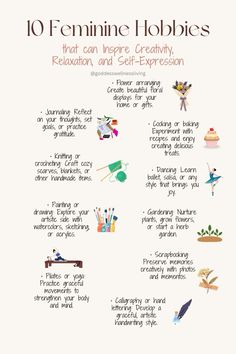 Spiritual Hobbies, Personal Growth Hobbies, Self Love Hobbies, Feminine Skills, Peaceful Hobbies, Whimsical Habits, Creative Hobbies For Women, Good Hobbies For Women, Mindful Hobbies