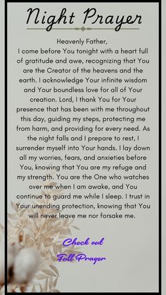 a poem written in purple ink on a white background with the words, night prayer