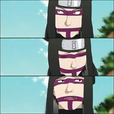 three different pictures of the same person with their face painted purple and black, one is wearing