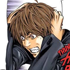 an anime character with long hair wearing a black jacket and holding his hand up to his face