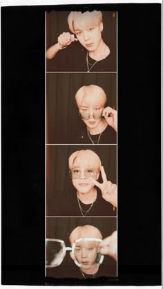 four pictures of a person with glasses and hair