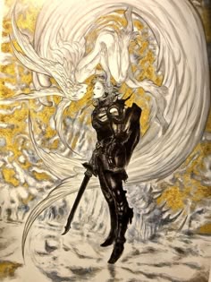 Final Fantasy Original Art, Final Fantasy Illustration, Yoshitaka Amano Knight, Yoshitaka Amano Noctis, Classic Final Fantasy Art, Final Fantasy Amano Art, Final Fantasy Old Art, Final Fantasy Yoshitaka Amano, Yoshitaka Amano Final Fantasy Art
