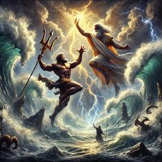 Zeus Vs Poseidon Tattoo, Greek Mythology Art Poseidon, Greek Gods Battle, Posiden Art Greek Mythology, Zeus Storm, Zeus Battle, Poseidon Mythology, Zeus And Typhon, Poseidon Ancient Art