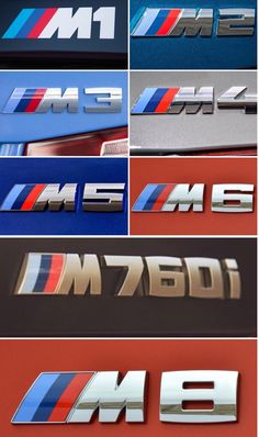 the bmw logo is shown in four different colors and sizes, including blue, red, white