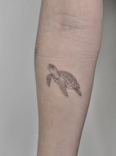 a small turtle tattoo on the left calf area is shown in black and grey ink