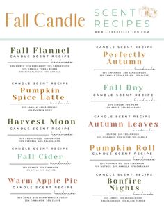 the fall candle recipe is shown in different colors and font styles, including pumpkins, apples
