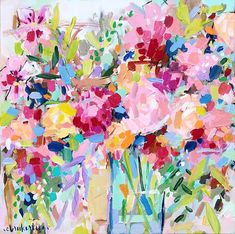an abstract painting of colorful flowers in a vase