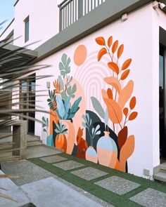 Outdoor Wall Mural Design, Outdoor Mural Painting, Mural Art Outdoor, Outside Mural, Outdoor Mural, Outdoor Mural Ideas, Colorful Building Mural With Plants, Colorful Plant Mural Design, Patio Mural