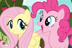 two pinkie ponies standing next to each other in front of trees and flowers