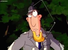 an animated man with a hat and tie on holding a stick in his hand while standing next to some trees
