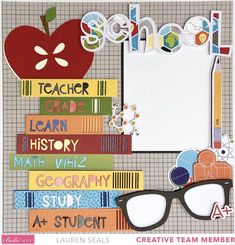 an apple, bookmarks, and glasses are featured in this creative scrapbook cover