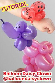 balloon daisy clown and ladybug balloons in the shape of animals are being held by someone's hand