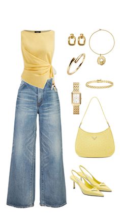 A curated office outfit featuring a mustard yellow sleeveless top with a knotted detail, light-wash wide-leg jeans, mustard yellow pointed-toe heels, a matching yellow handbag, gold hoop earrings, a gold pendant necklace, layered gold bracelets, and a gold watch, arranged against a minimalist background.