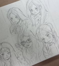 some drawings of girls with glasses and long hair, one is looking at the camera