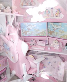 a child's room with pink furniture and accessories