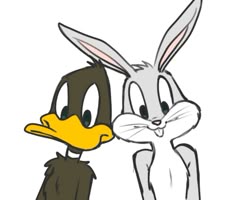 an image of two cartoon animals with one rabbit and the other duckling looking at each other