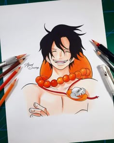 a drawing of an anime character with orange hair and beads on his chest, surrounded by crayon pencils