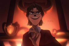 a cartoon character is smiling and holding his hand up in front of him, with an evil look on his face