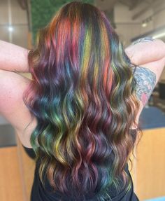 @/theresavandamstylist on insta Dark Prism Hair, Oil Slick Rainbow Hair, Prism Hair, Dark Prism Hair Color, Rainbow Prism Hair Color, Oil Spill Hair, Prism Peekaboo Hair, Rainbow Prism Hair, Rainbow Hair Prism