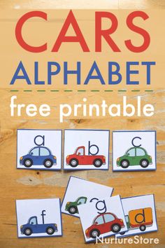 the cars alphabet printable is displayed on a wooden surface with four pictures in front of it