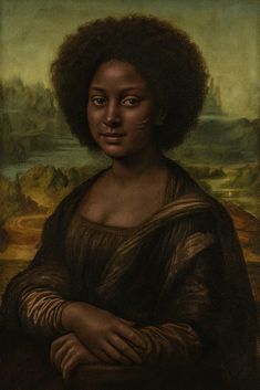a painting of a woman with her arms crossed in front of her chest, looking at the camera