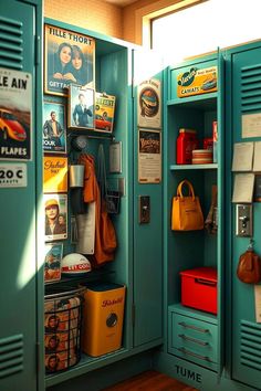 two green lockers with posters and pictures on them
