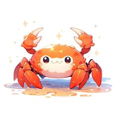 an orange crab with big claws on it's back, standing in the water