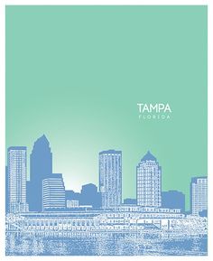 the tampa skyline is shown in blue and green