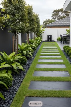 an outdoor garden with grass and stepping stones