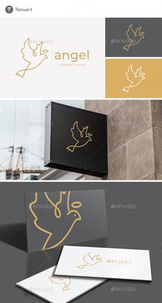 the logo for an angel company is shown in three different colors and font styles, including gold