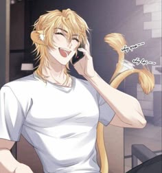 a blonde haired man talking on a cell phone while holding a cat tail in his hand