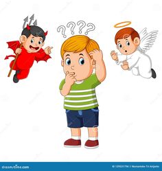 two children with angel and devil on their heads, one is thinking about what to do