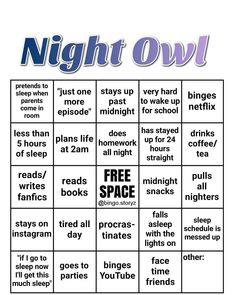 a printable night owl game is shown in blue and white with the words free space