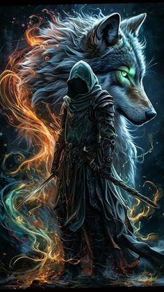 a painting of a wolf and a man in armor with fire coming out of their eyes