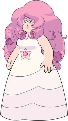 a cartoon girl with pink hair wearing a white dress and holding a star on her chest