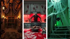 three different pictures one is creepy and the other has spooky decorations