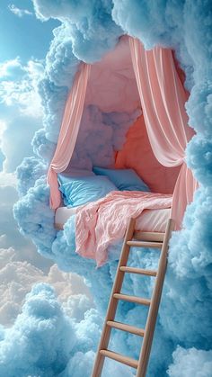 there is a ladder going up to the bed in the clouds that are painted pink and blue