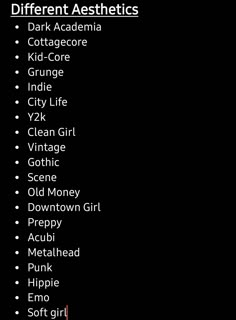 the names of different aesthetics in black and white on a black background with red lettering