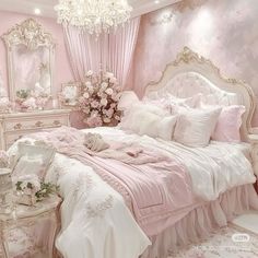 a bedroom decorated in pink and white with flowers on the bed, chandelier