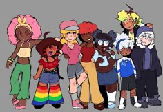 several cartoon characters are posing for a photo