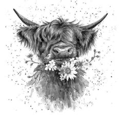 a black and white drawing of a cow with flowers in its mouth