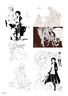 four different anime characters in black and white